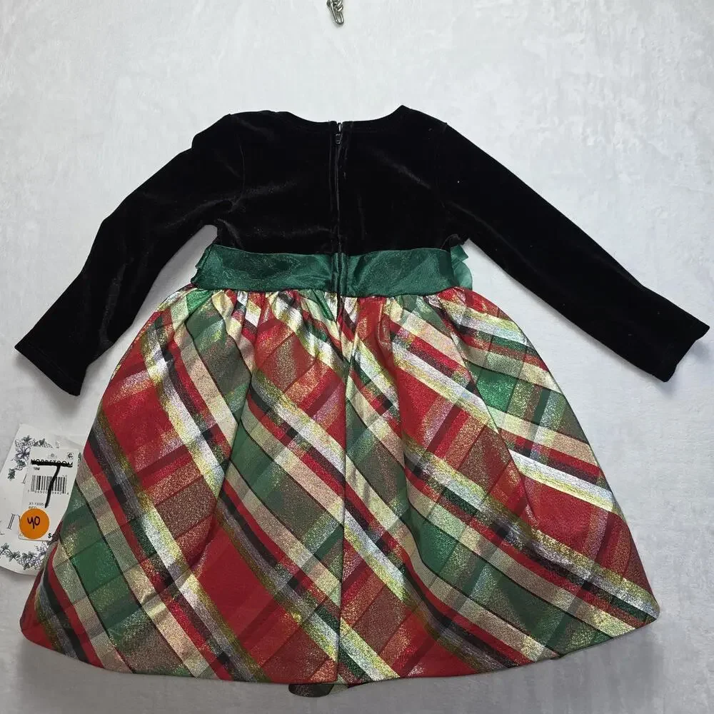 Iris & Ivy Black Velvet Red/Green Plaid Taffeta Christmas Dress Girls Size 18 Mo